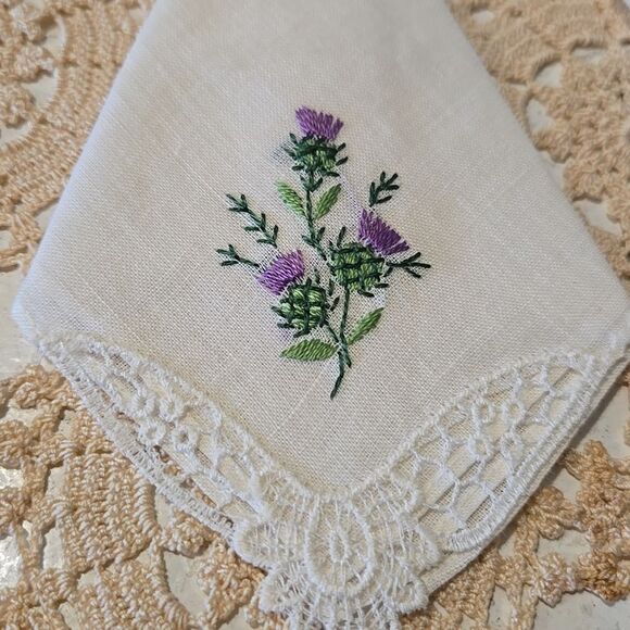 Vintage Floral Embroidered Handkerchief Set - Yellow, Purple, Green Accents - Picture 2 of 16